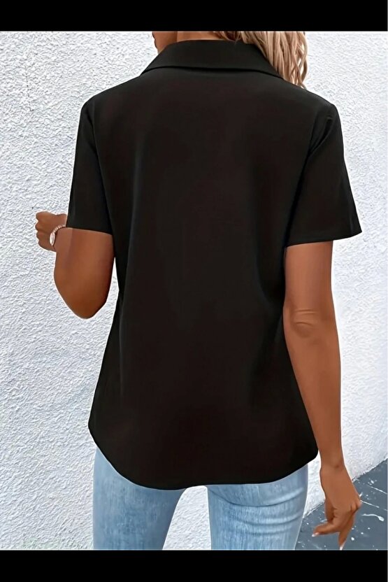 Kadın Kısa Kollu Ceket Yaka önü Fermuarlı Cep Detay Kısa Kol Ithal Krep Bluz