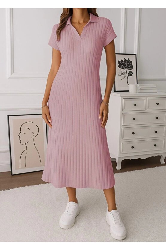 MDB Kadın Kısa Kollu Yakalı Yandan Yırtmaçlı Kalın Fitilli Kaşkorse Elbise