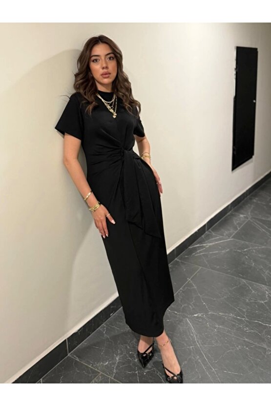 Kadın Kısa Kollu Bisiklet Yaka Yandan Bağlamalı Viskon Iki Iplik Elbise