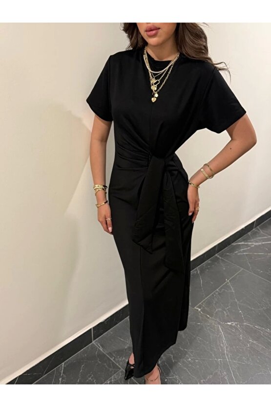 Kadın Kısa Kollu Bisiklet Yaka Yandan Bağlamalı Viskon Iki Iplik Elbise