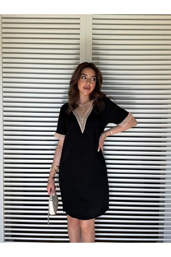 Kadın V Yaka Güpürlü İki İplik Elbise