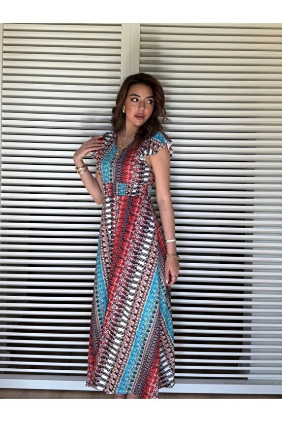 Kadın Kısa Kollu V Yakalı Desenli Yandan Yırtmaçlı Süprem Elbise