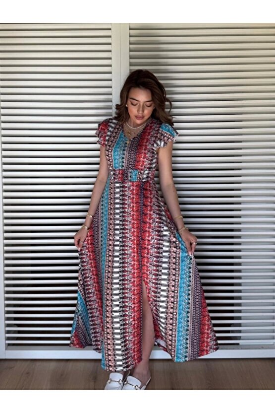 Kadın Kısa Kollu V Yakalı Desenli Yandan Yırtmaçlı Süprem Elbise