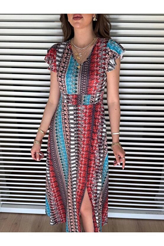 Kadın Kısa Kollu V Yakalı Desenli Yandan Yırtmaçlı Süprem Elbise