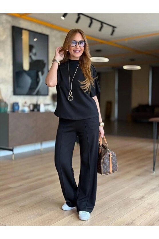 Kadın Kısa Kollu Bisiklet Yaka Omuzdan Düğmeli Viskon Iki Iplik Kısa Bluz Ve Pantolon Ikili Takım