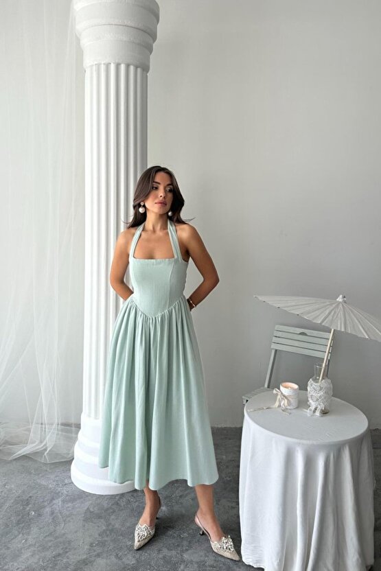 Mint Boyundan Bağlamalı Keten Elbise