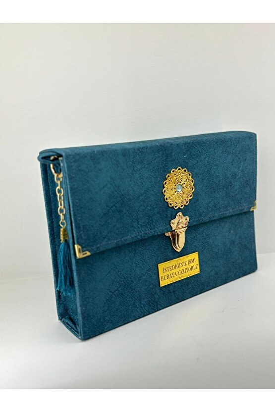 Hatim Cüzü Hatim Seti 30 Cüzü Rahle Boy 20x28 Petrol Nubuk Çantalı Kadife Kuranı Kerim Sesli Dinleme