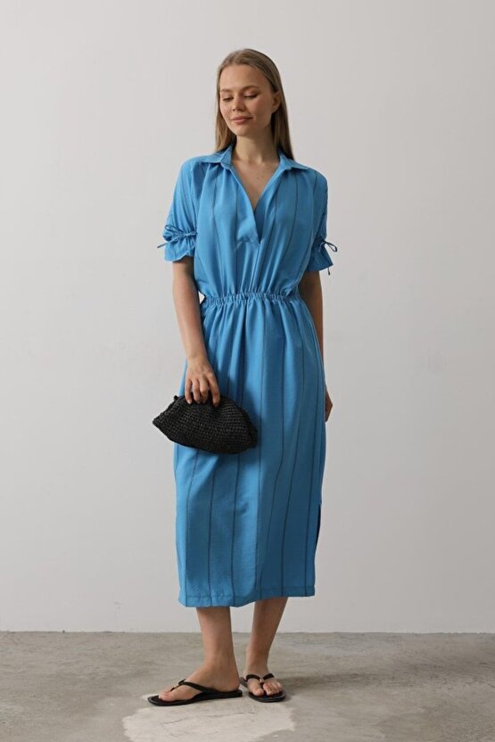 munn collection Beli Lastikli Elbise - Mavi