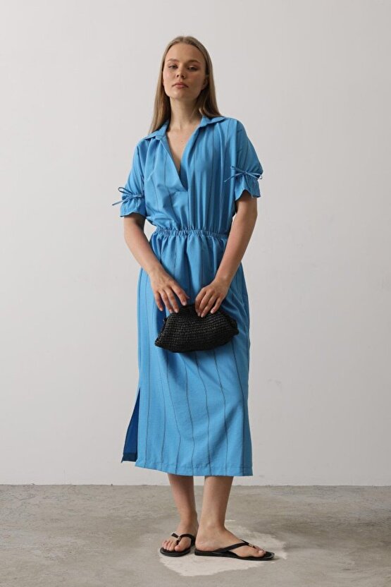 munn collection Beli Lastikli Elbise - Mavi