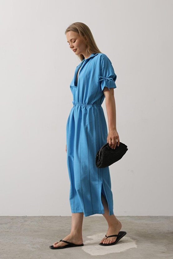 munn collection Beli Lastikli Elbise - Mavi