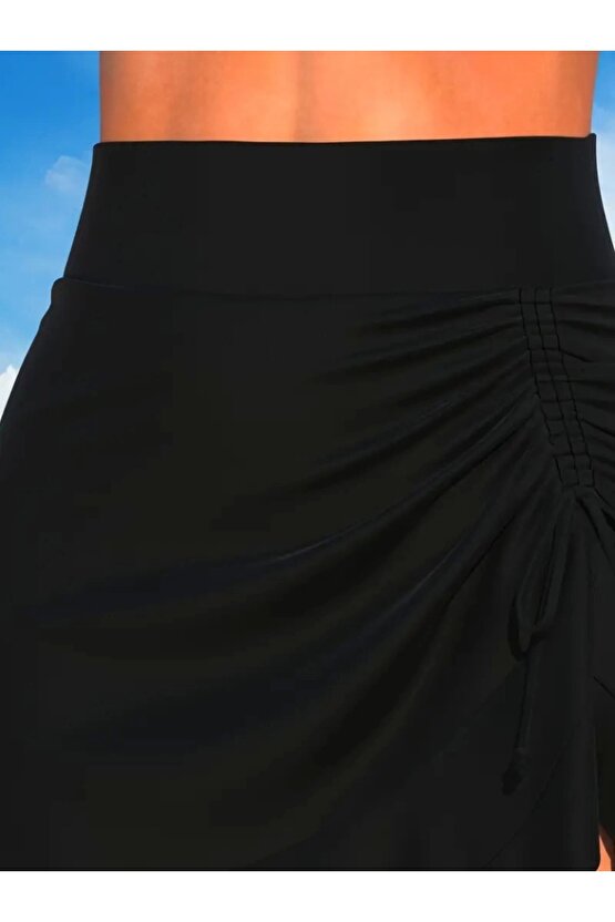 Kadın Yüksek Bel Yandan Büzgülü Fırfırlı Kısa Sandy Etek