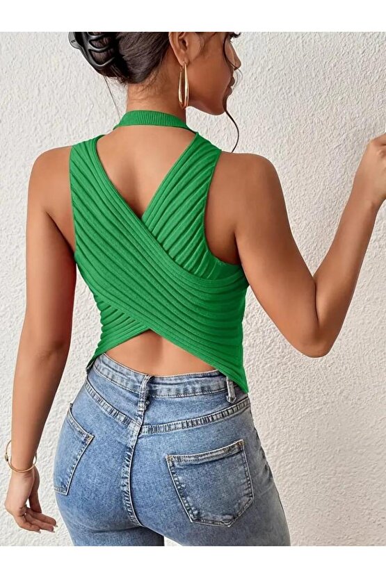 Kadın Sıfır Kol Sırt çapraz Detay Triko Bluz