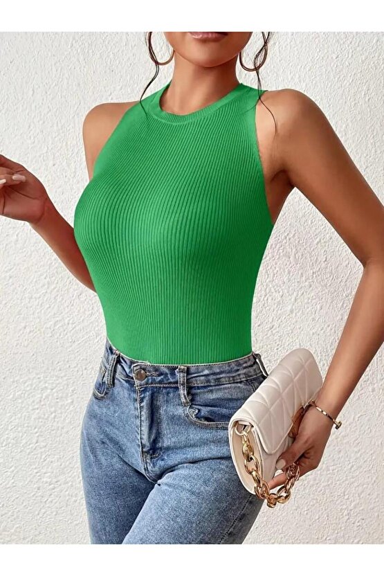 Kadın Sıfır Kol Sırt çapraz Detay Triko Bluz