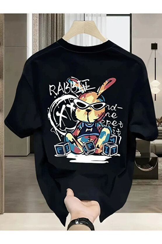 Baskılı Oversize Bisiklet Yaka T-shirt - Siyah