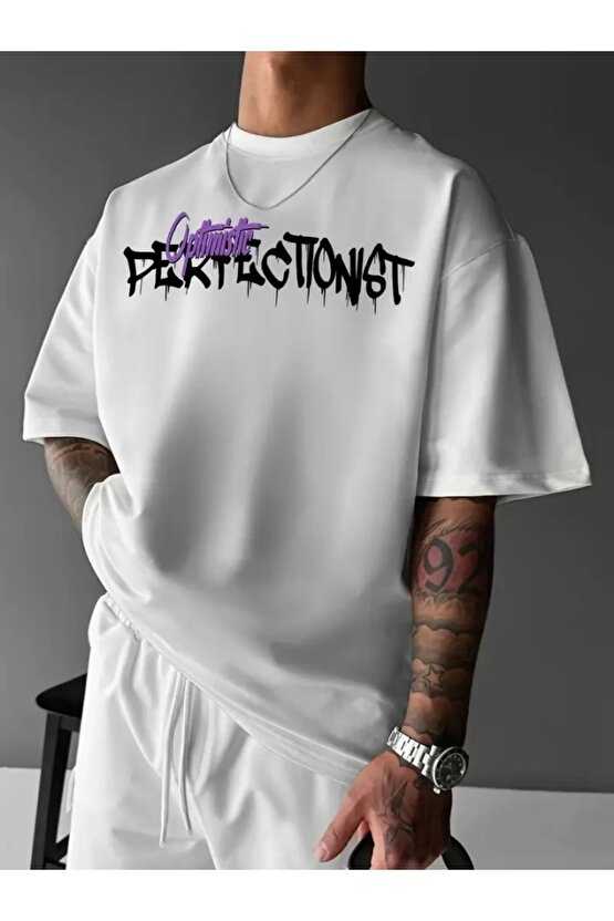 Baskılı Oversize Bisiklet Yaka T-shirt - Beyaz