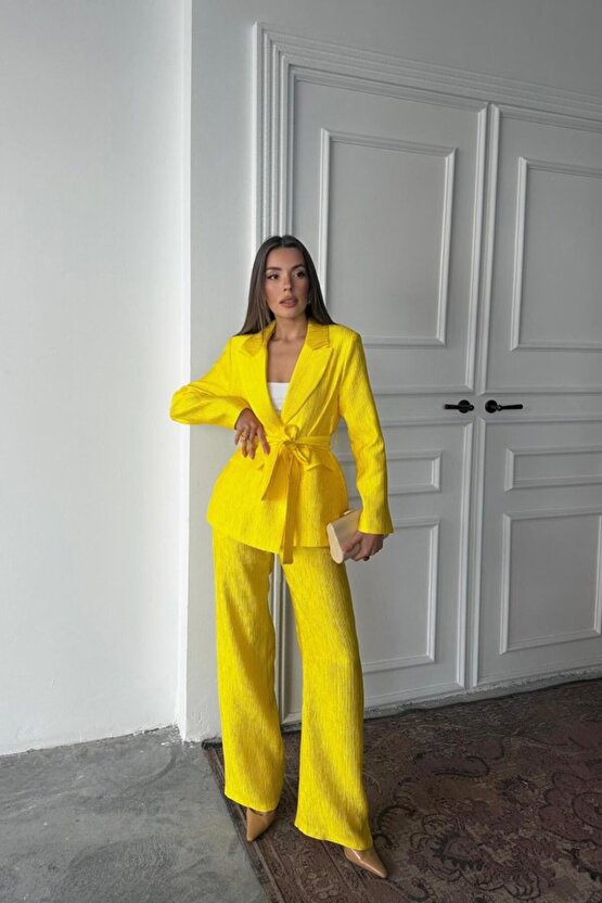 munn collection Neon Beli Kuşaklı Ceket Ve Pantolon Parlak Takım