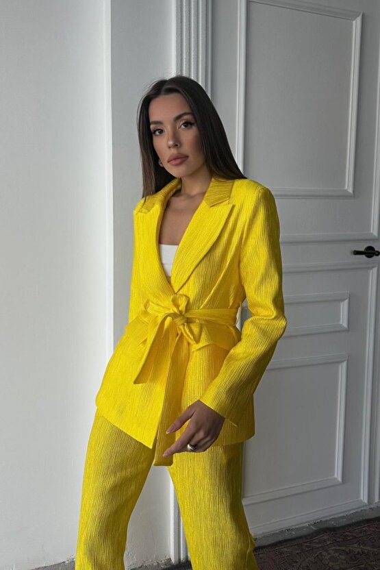 munn collection Neon Beli Kuşaklı Ceket Ve Pantolon Parlak Takım