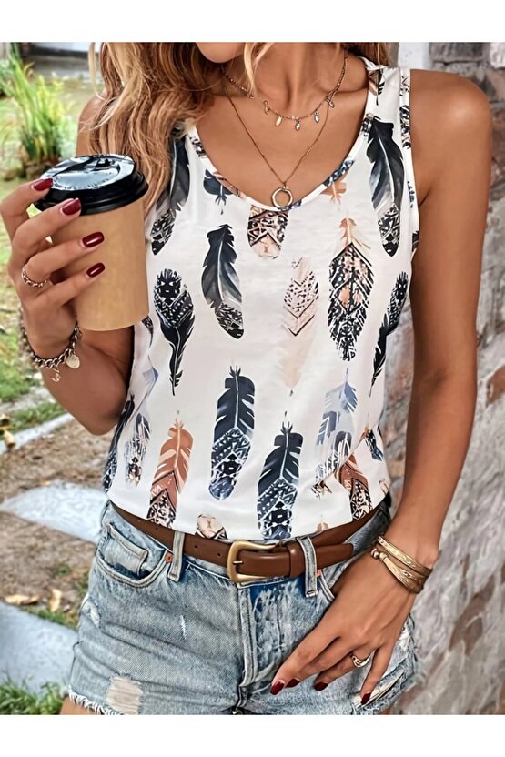 munn collection Kadın Sıfır Kollu V Yakalı Yaprak Desenli Süprem Bluz