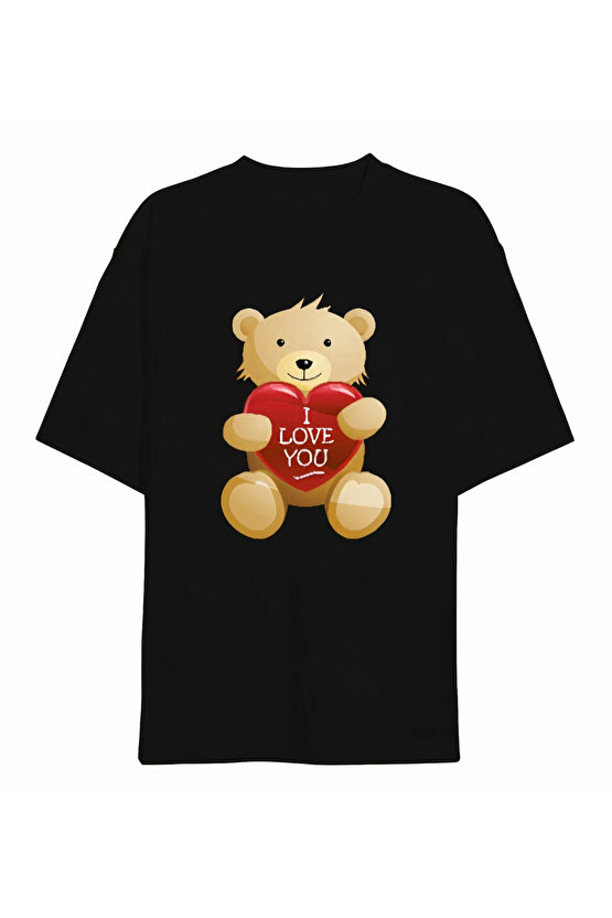 Sevgililer Günü İçin Özel Tasarım I Love You Ayı Baskılı T-shirt - Siyah
