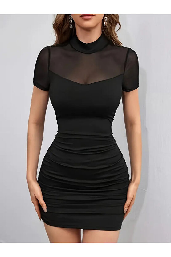 Kadın Kısa Kollu Yarı Balıkçı Yaka Tül Detaylı Kısa Janjan Krep Elbise