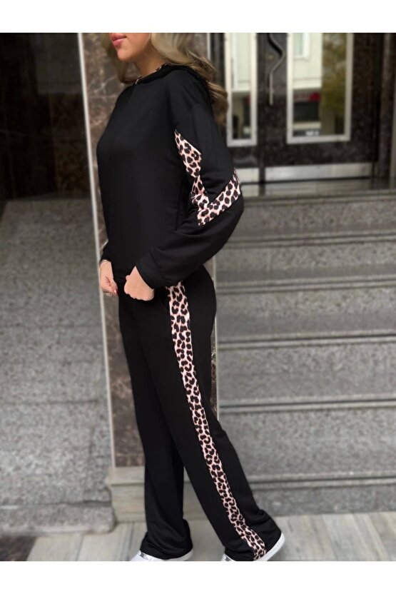 Kadın Kapüşonlu Leopar Detay Sweat Ve Yüksek Bel Yanları Leopar şeritli Bol Paça Pantolon Ikili Takı