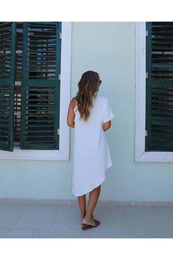 Kadın Tek Omuzu Açık Askılı Asimetrik Kesim Detaylı Bluz