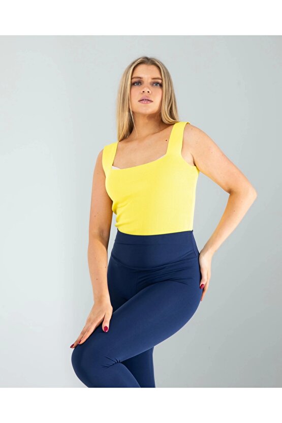 Sarı Kare Yaka Kalın Askı Triko Crop Bluz