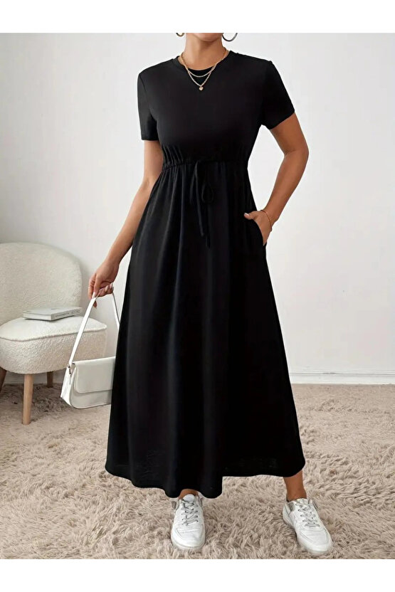 MDB Kadın Kısa Kollu Bisiklet Yaka Belden Bağcıklı Cepli Viskon Elbise