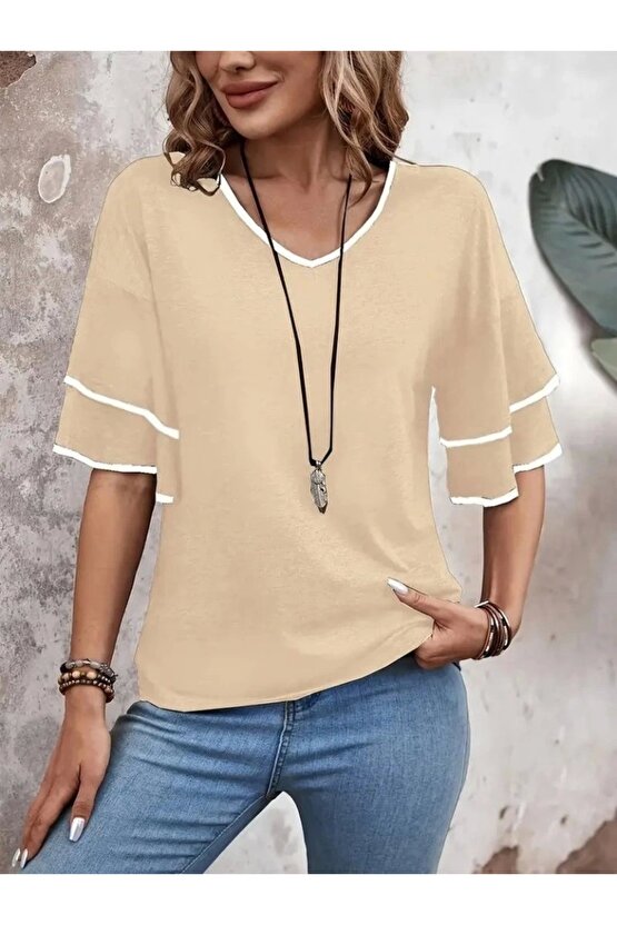 Kadın Kısa Kollu V Yakalı Viskon Bluz
