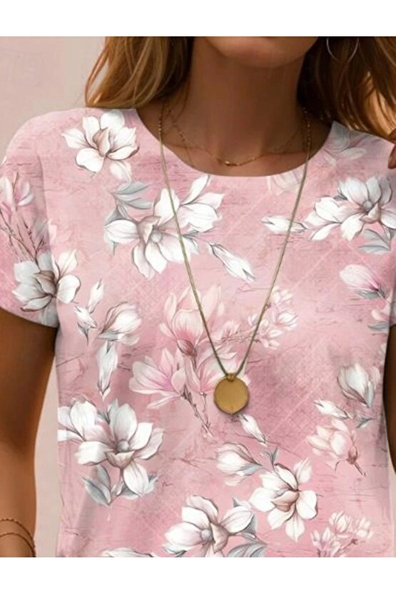 Kadın Kısa Kollu Bisiklet Yaka çiçek Desenli Viskon Bluz