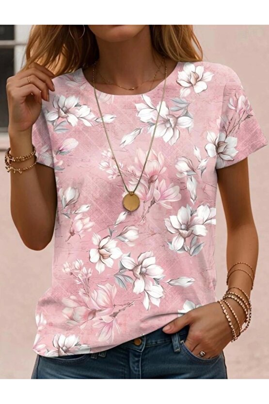 Kadın Kısa Kollu Bisiklet Yaka çiçek Desenli Viskon Bluz