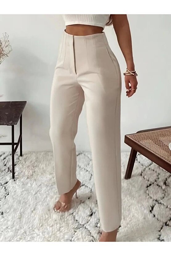 Kadın Yüksek Bel önden Fermuarlı Ithal Krep Pantolon