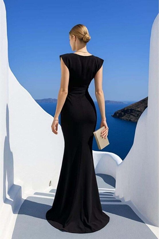 Kadın Dalgıç Kumaş V Yaka Fırfır Detaylı Maxi Boy Elbise