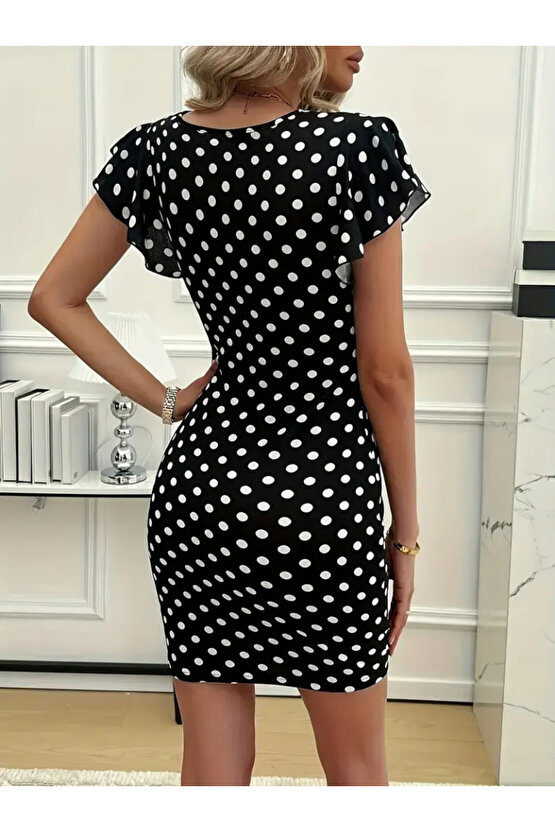 MDB Kadın Kısa Kollu Kruvaze Yakalı örme Puantiyeli Krep Elbise