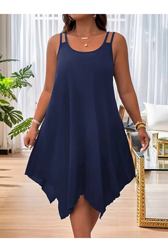 MDB Kadın Askılı Yuvarlak Asimetrik Kesim Detaylı Viskon Elbise