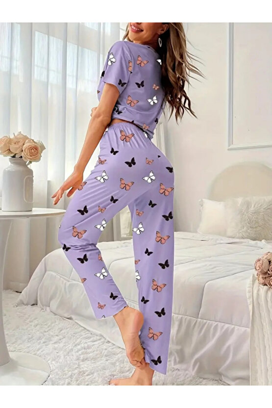 Edolika Kadın Kısa Kollu Bisiklet Yaka Kelebek Baskılı Süprem Ikili Takım