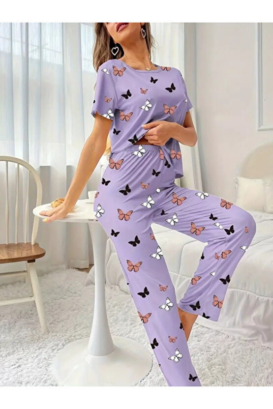 Edolika Kadın Kısa Kollu Bisiklet Yaka Kelebek Baskılı Süprem Ikili Takım