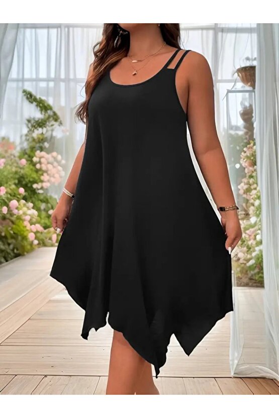 Kadın Askılı Yuvarlak Asimetrik Kesim Detaylı Viskon Elbise