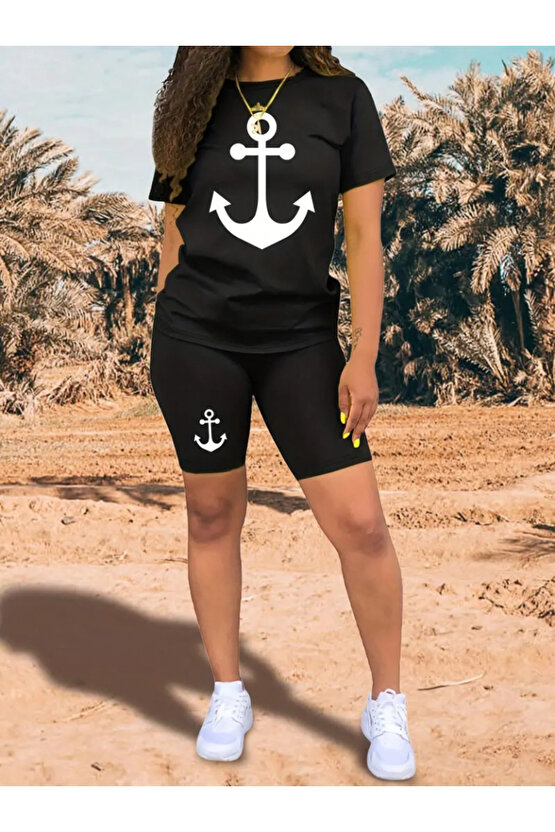 Edolika Kadın Kısa Kollu çapa Baskılı Viskon Ikili Takım