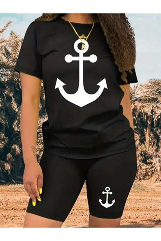 Edolika Kadın Kısa Kollu çapa Baskılı Viskon Ikili Takım