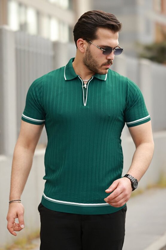 munn collection Erkek Fermuarlı Yakalı Kısa Kollu T-shirt