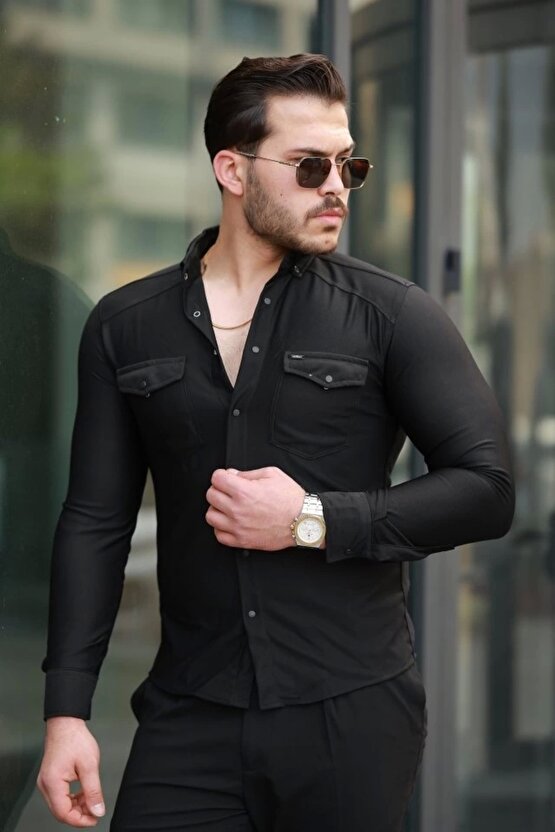 Erkek çift Cepli çıtçıt Düğmeli Uzun Kollu Gömlek