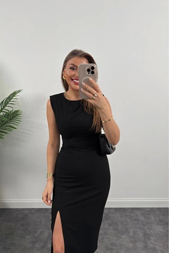 Kadın Askılı Kolsuz Belden Büzgülü Yırtmaçlı Midi Janjan Krep Elbise