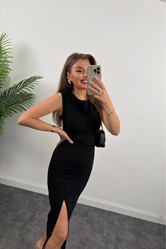 Kadın Askılı Kolsuz Belden Büzgülü Yırtmaçlı Midi Janjan Krep Elbise