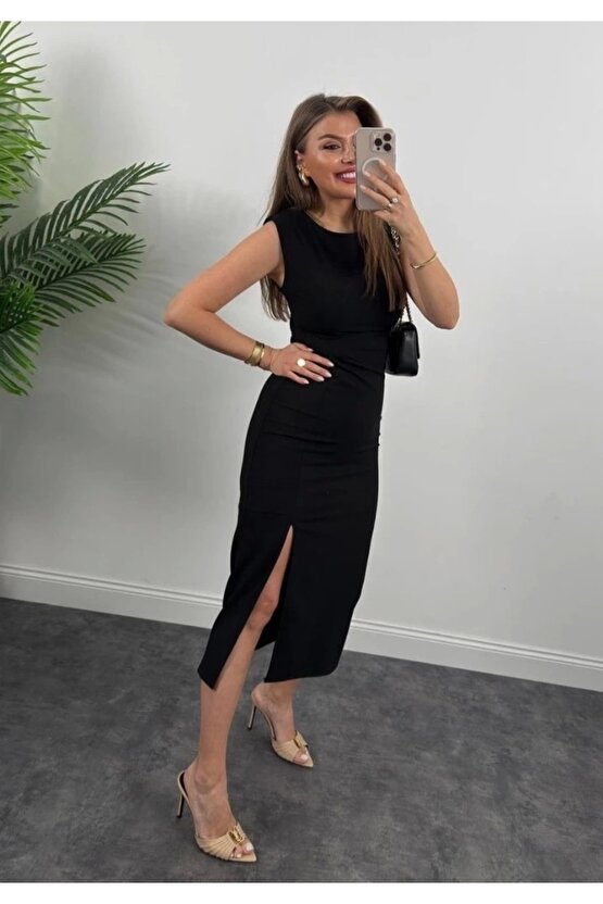 Kadın Askılı Kolsuz Belden Büzgülü Yırtmaçlı Midi Janjan Krep Elbise