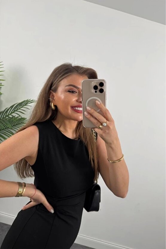 Kadın Askılı Kolsuz Belden Büzgülü Yırtmaçlı Midi Janjan Krep Elbise