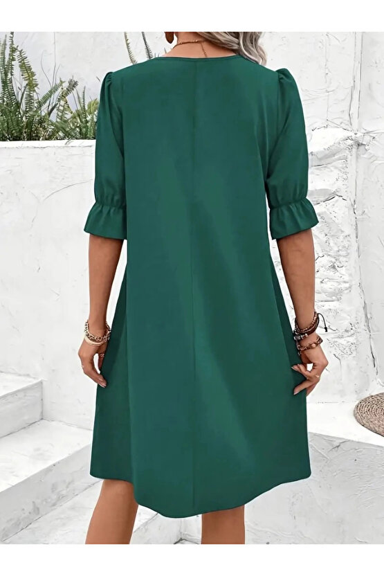 MDB Kadın Kısa Kollu V Yakalı Salaş Janjan Krep Elbise