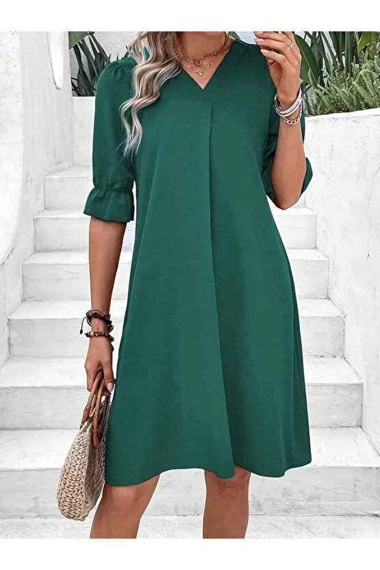 MDB Kadın Kısa Kollu V Yakalı Salaş Janjan Krep Elbise