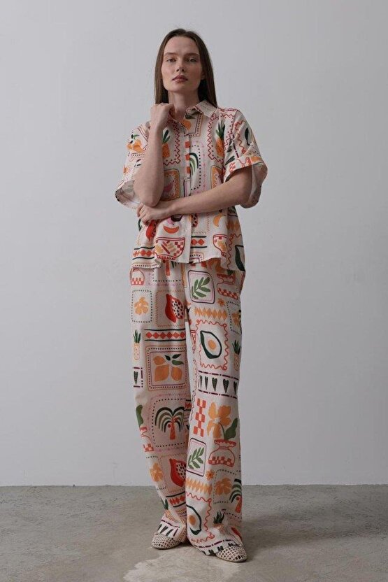 Vivaletta Baskılı Kısa Kol Pantolon Takım - Taş-oranj