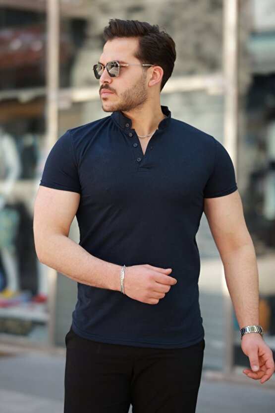 munn collection Erkek Hakim Yaka Dokuma Pamuklu Kumaş Kısa Kollu T-shirt